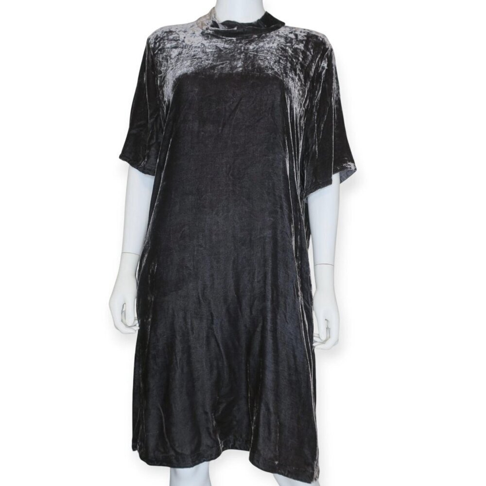 Eileen Fisher Rayon Silk Velvet Tunic Mock Neck Tie Dress Womens XL Gray Pockets